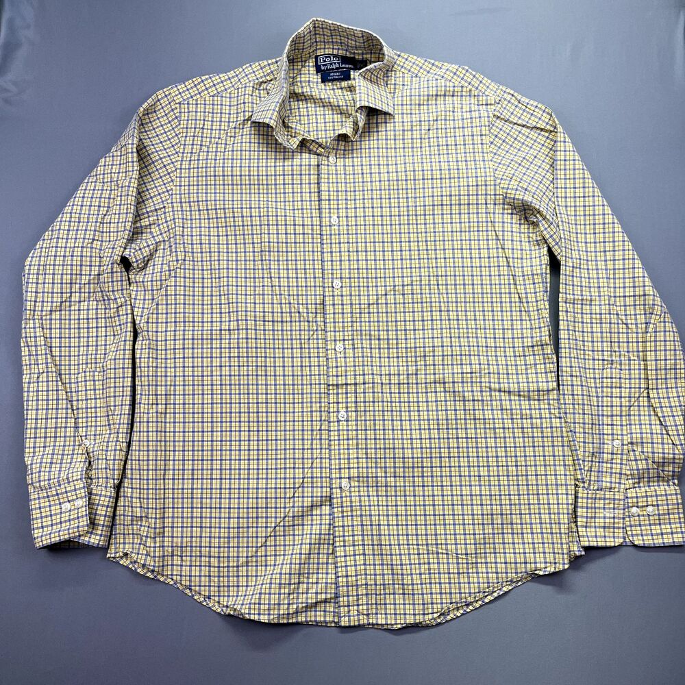 Polo Ralph Lauren Mens Size‎ 16 Regent Custom Fit Yellow Blue Plaid Shirt Office
